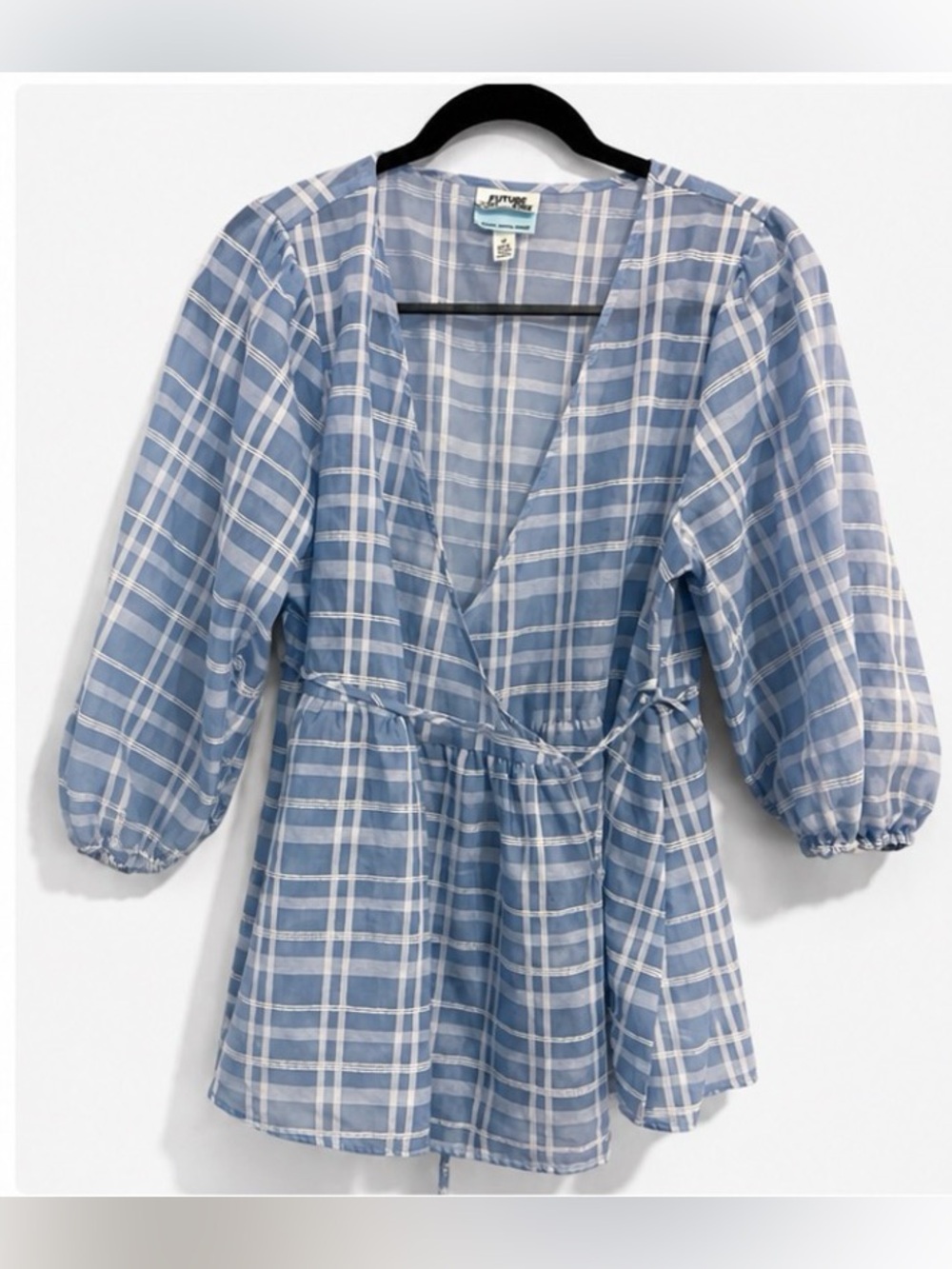 Future Sure Blue Plaid Wrap Blouse Puff Sleeve Cottagecore Medium